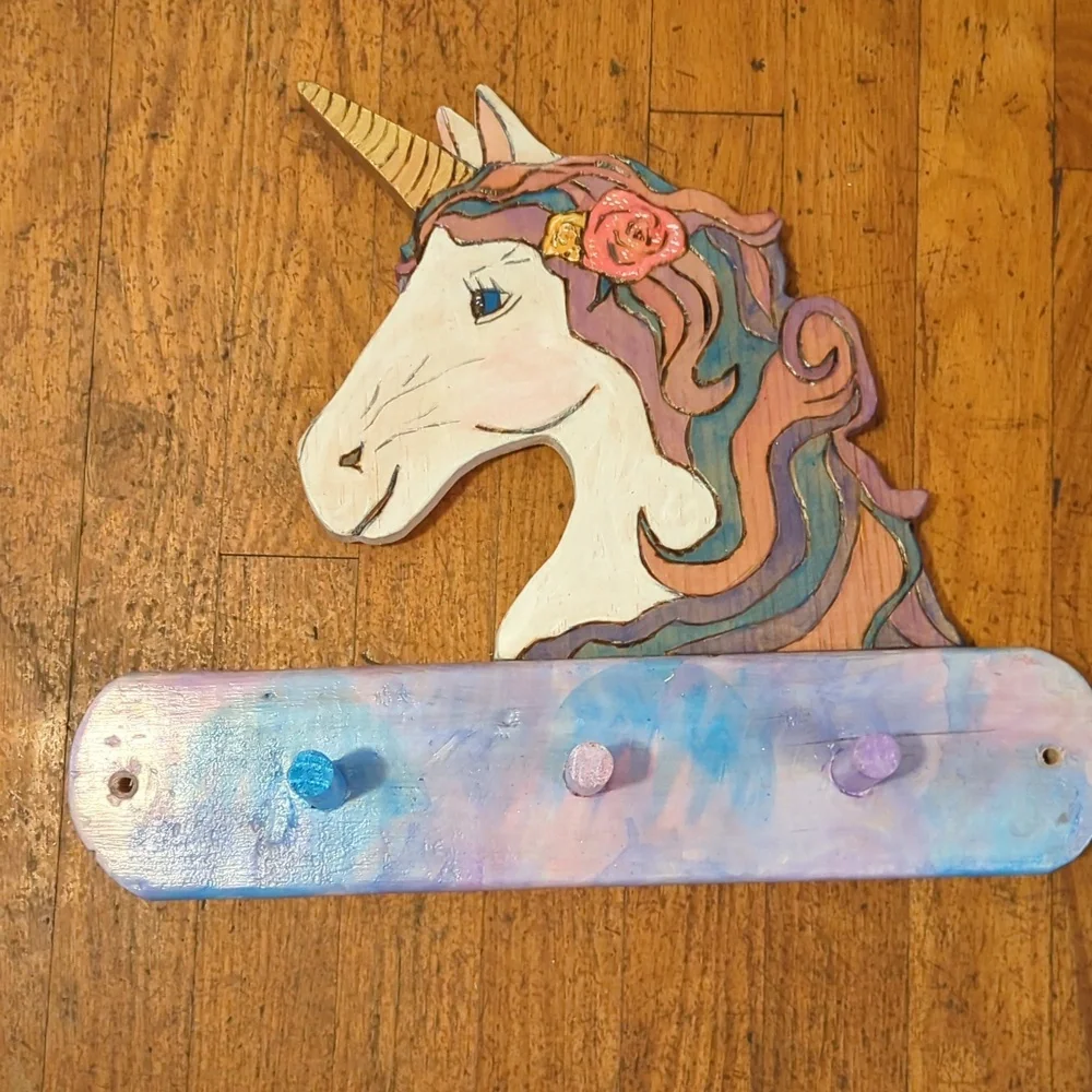 Handmade Wood Unicorn 3 Peg Wall Rack